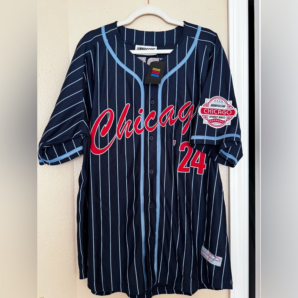 2XL Nascar Dark Blue and Sky Blue Striped Jersey